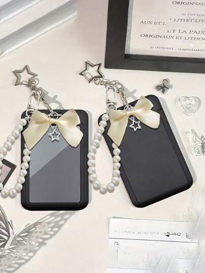 Y2K绳编卡套 - 银色蝴蝶装饰卡套，仿珍珠链学生证卡套、公交卡套、餐卡套、工作卡套，刷卡顺滑，高清晰度透明卡套，耐用防刮，时尚专业，完美贴合，旅行配件