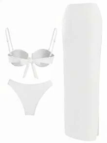 Bộ bikini 3 mảnh kiểu Âu và Mỹ gợi cảm gồm áo liền quần và chân váy maxi xếp ly, kiểu Brazil, xẻ tà cao, thích hợp cho kỳ nghỉ hè. - trắng - Xem 4