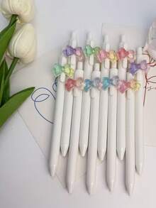 6pcs Random Bowknot Retractable Ballpoint Pens, White Barrel, Office Ballpoint Pens, Writing Pens, Exam Pens, Study Pens, Writing & Correction Tools, Office Supplies, Surprise Gifts, Christmas Gifts, Exam Stationery, Creative Design, Decorative Pens, Retractable Mechanism, Lightweight Pen, Writing Tools, Retractable Pen, Students, Professionals - Multicolor - View 5