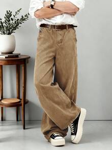 1 pieza Pantalones vaqueros anchos de corte holgado de estilo retro americano para hombre, color marrón, con bordado de elefante de dibujos animados, unisex (cinturón y accesorios no incluidos) - Caqui - Ver 4