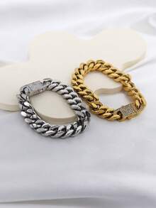 1件装时尚嘻哈个性化18K镀金不锈钢加厚迈阿密链手链，男士派对礼物之选 - 13mm鑲水鑽款 - 查看 7