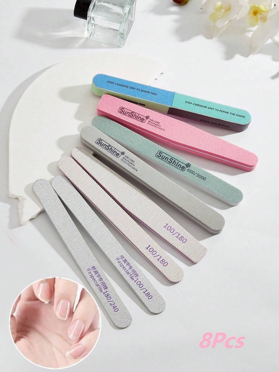 6支/8支装专业半月形、直形、菱形指甲锉，双面可用，可水洗，木质，双面木质指甲锉，适用于天然指甲，专业级，可重复使用，美甲，修脚，弧形 - 彩色 - 查看 1