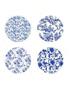 4pcs Colorful Printed Wooden Coasters - Coffee, Blue & White Floral Pattern, Suitable For Home Decor And Kitchen Use, Home Decor And Tabletop Protection Drink Mats - Perfect Holiday Gift Idea - Multicolor - View 6