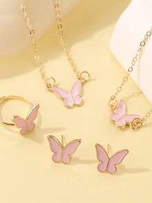 5pcs Elegant Butterfly Pendant Earrings Bracelet Ring And Necklace Set, Best Gift For Girls For Daily Wear, Parties And Events - Pink - View 3
