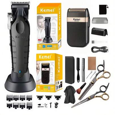 KM principiantes barbero barbero km-2024 + km-2296 +2 juegos de herramientas de máquina de tijeras, 3 en 1 combinación, le permite experimentar la diversión de las compras múltiples, regalo perfecto para los hombres, negro
