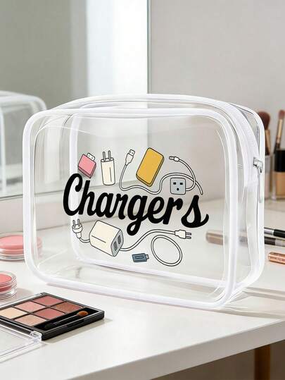 ¡Nuevo Lanzamiento! Organizador de Cargador Todo en Uno - Bolsa de Tocador Transparente Rosa, Esencial de Viaje, Bolsa de Maquillaje con Cremallera Portátil, Bolsa de Tocador Transparente de PVC para Playa, Bolsa de Almacenamiento Impermeable, Bolsa de Almacenamiento Transparente, Bolsa Organizadora de Cables y USB, Bolsa de Cosméticos de PVC Apta para el Aeropuerto para Cargadores, Cables y Baterías Portátiles.