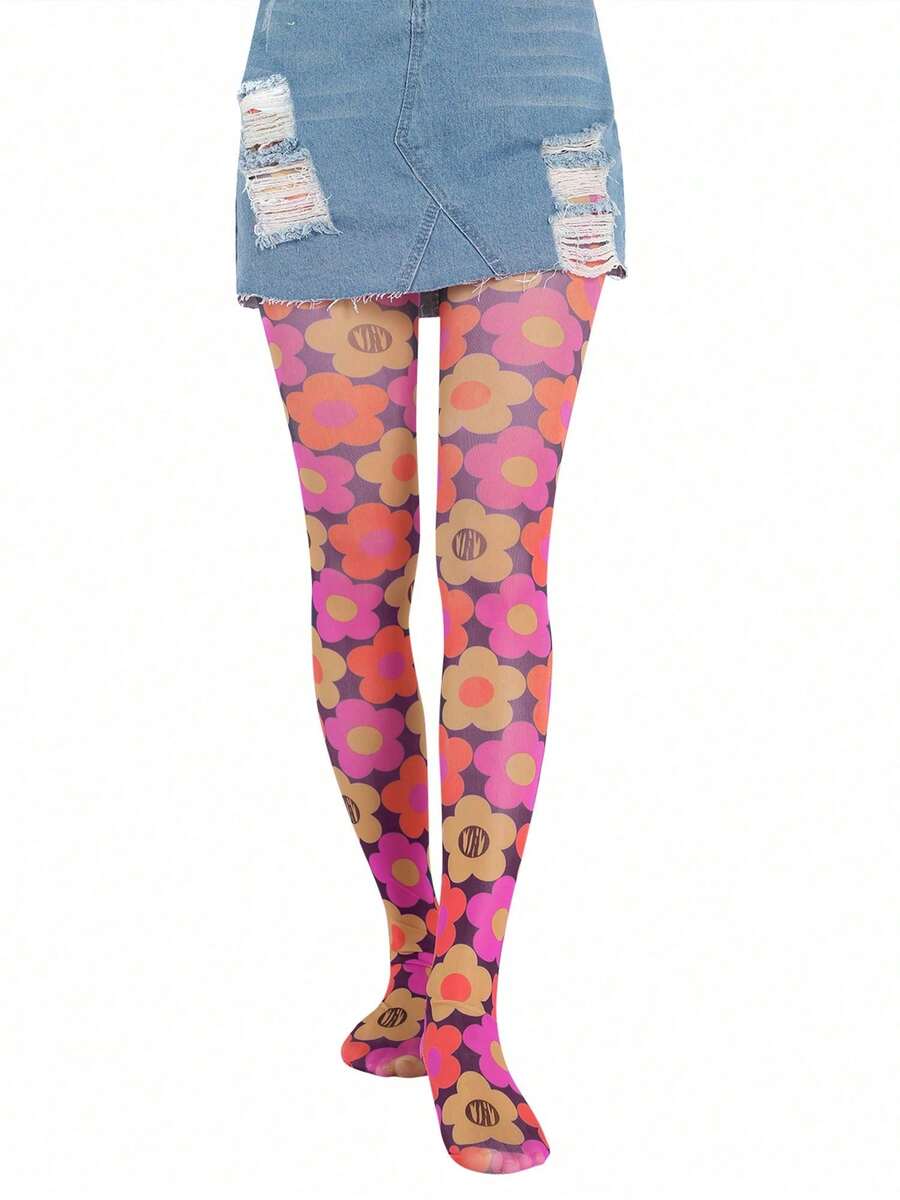 Women Sheer Tights Control Top Pantyhose Y2k Tie Dye Mesh Tights Fishnet Sockings Leggings - 粉色 - 查看 1