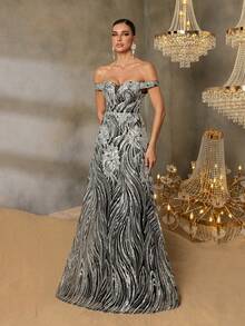 Faeriesty Đầm dạ hội nữ thanh lịch hở vai đính sequin, thiết kế thắt nơ sau lưng, kiểu dáng ôm sát trang trọng, phù hợp cho các buổi dạ tiệc trang trọng, sự kiện thảm đỏ, vũ hội, trang phục dự đám cưới và các bữa tiệc ngày lễ. Tiệc mùa xuân nghỉ lễ. - Bạc - Xem 6