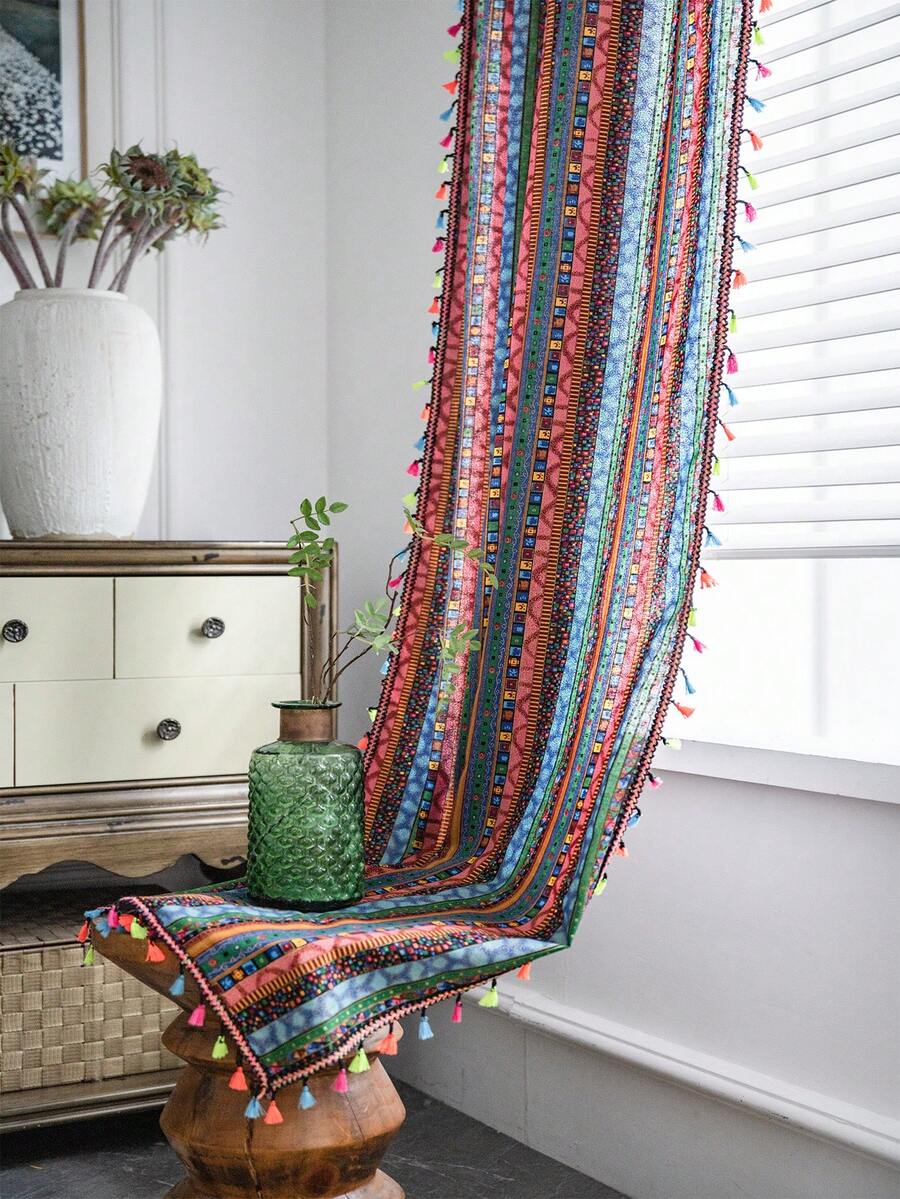 1pc Colorful Metallic Printed Bohemian Style Rectangular Tassel Decorative Curtain, Suitable For Bedroom, Living Room, Dining Room, Kitchen, Cafe, Entryway, All Season Home Window Curtain - Multicolor - View 1