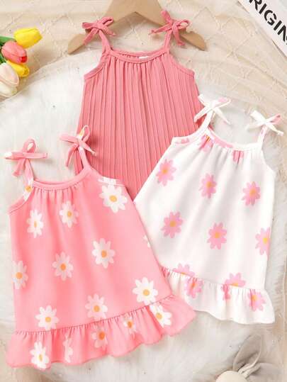 2pcs/Set Baby Girls' Soft & Comfortable Casual Elegant Outfit, Cute Floral Pattern Dress With Bow & Ruffle Trim, Suitable For Infant/Toddler Girls, Ideal For Daily Wear, Vacation, Party, Photo Shoot, Outdoor Activities In Summer