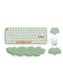 一套绿色叶子形状键盘腕托+鼠标垫+杯垫，适用于台式机和笔记本电脑