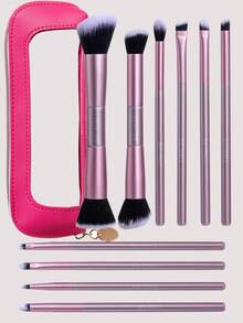 BS-MALL High Quality 10pcs Dual-Ended Purple Makeup Brush Set With Rose Red Storage Bag, Foundation Brush, Blush Brush, Highlighter Brush Set, Convenient Storage For Travel - Mauve Purple - View 9