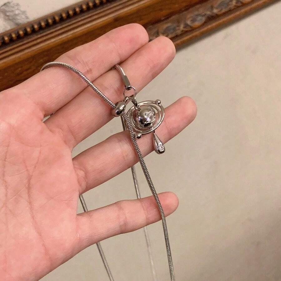 1pc Fashionable Teardrop Rhinestone Planet Necklace, Elegant Design Suitable For Wedding, Party And Daily Wear - Multicolor - View 1