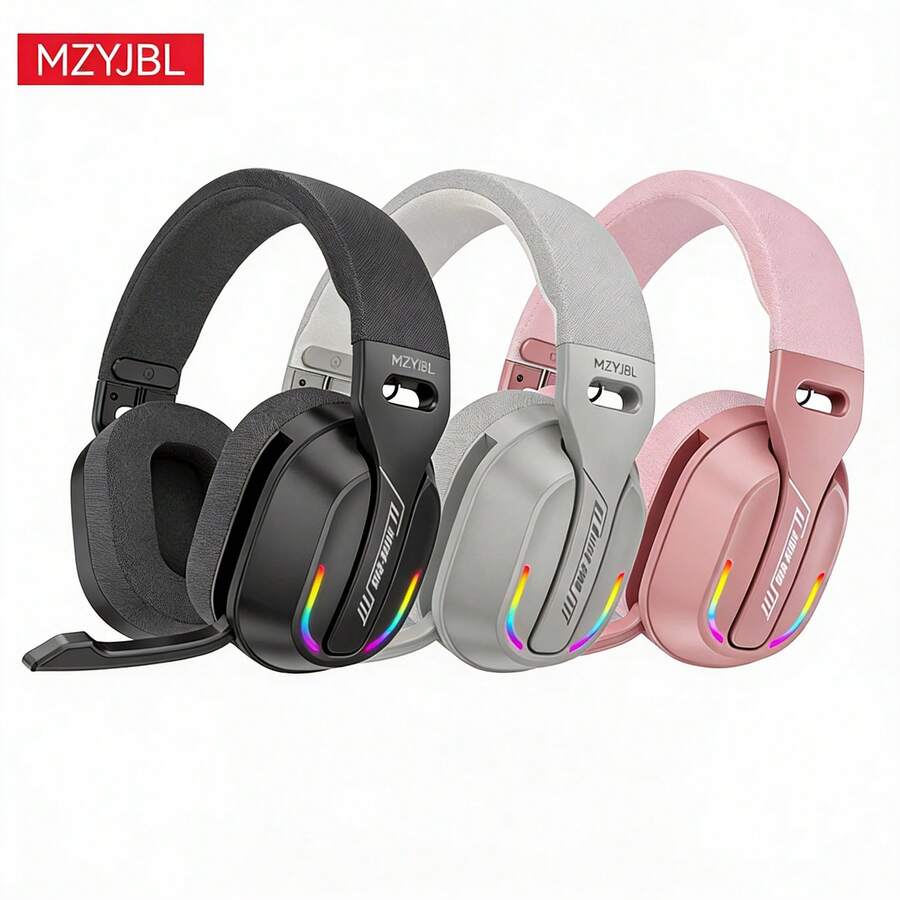MZTJBL Over Ear Headset Bluetooth5.4 Wireless Stereo Gaming B500 Earphones Built-In Mic RGB Light Low Latency Headphones For PC - Pink - View 1