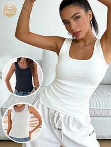 2pcs New Spring & Summer Women's Wide-Shoulder Tank Tops, Big U-Neck Sleeveless Crop Vests For Layering - Multicolor - View 1