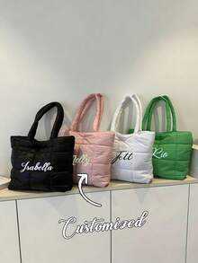 1pc Custom Name Fashion Sense Diamond Grid Large Capacity Solid Color Down Casual Thread Western-Style Shoulder Handbag, Women's Shoulder Bag With A , Casual, Simple Design In A Solid Color. - Multicolor - View 1