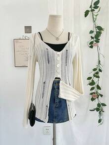 Apricot Long Sleeve Hollow V-Neck Knit Cover Up For Women, Fashion Street Party Casual Comfortable Sweater, Collegiate Style Fitted Daily Versatile Summer Solid Color Minimalist Sexy Top - Apricot - View 4