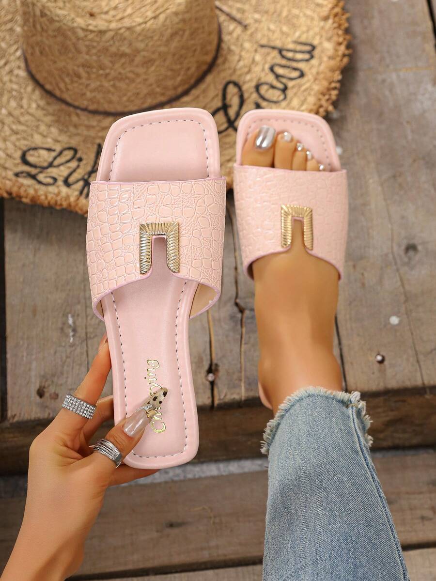 2023新款平底休闲拖鞋，带皮带扣，女士软底沙滩拖鞋 - 淺粉色 - 查看 1