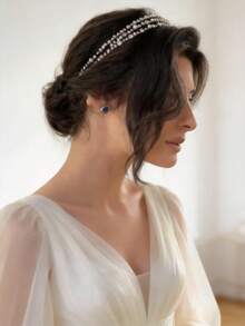 1 pièce Serre-tête élégant en perles et strass, accessoire de coiffure à la mode à plusieurs niveaux pour mariée, décoration de coiffure de mariage - Multicolore - Voir 1