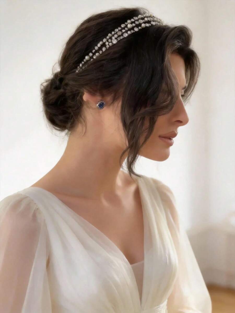 1 pièce Serre-tête élégant en perles et strass, accessoire de coiffure à la mode à plusieurs niveaux pour mariée, décoration de coiffure de mariage - Multicolore - Voir 1