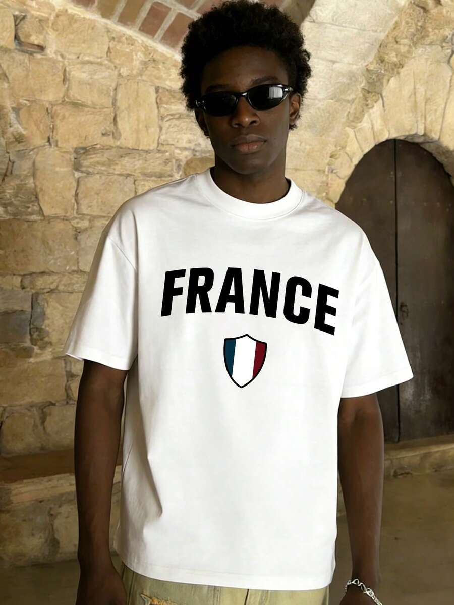 Men's Minimalist French Letter Print Round Neck Short Sleeve T-Shirt, Summer - White - View 1