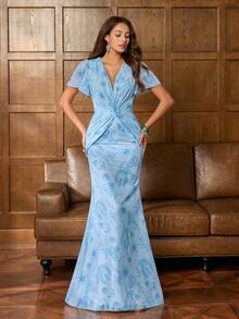 Faeriesty 优雅女士深V领碎花连衣裙：修身无袖连衣裙，饰有蕾丝边，露背设计，飘逸A字裙摆，轻盈弹力面料——完美适用于海滩婚礼、教堂婚礼、复古新娘写真、私密闺房照、正式家庭聚会等春季场合。 - 藍色 - 查看 4