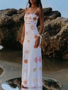 Women Starfish Shell Printed Maxi Dress Spaghetti Strap Scoop Neck Backless Bodycon Long Dress Y2k Summer Slim Fit Tight Party Vacation Beachwear Sund - 白色 - 查看 2