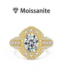 1pc Women's Wedding Ring, Round Egg Design Ring, 3.5g S925 Sterling Silver, 1.5 Carat Moissanite, Bohemian Palace Style, Luxury Engagement, Wedding, Anniversary, Valentine's Day Gift, Comes With Moissanite Certificate And Elegant Gift Box - Gold - View 8