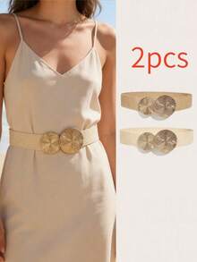2pcs Women's Elastic Waist Belt, Bohemian Waist Belt, BOHO Golden Round Buckle Brown Beige Waist Strap Combination, Matching Skirts, Pants, Shirts, Suitable For Party, Festival, Birthday, Beach Holiday