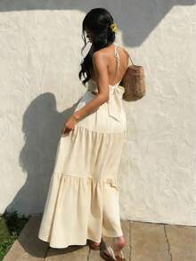 Vestido de verano sin mangas de mujer con cuello halter de gasa, escote en V profundo en la espalda y banda de cintura para vacaciones de verano, bodas o festivales,regalo ideal para día de san valentín,vestidos,vestidos largos,vestidos casuales para mujer. - Beis - Ver 6