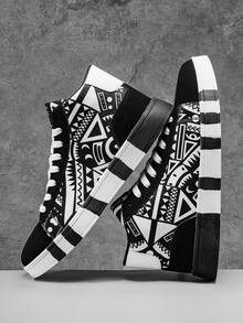 Men's Personalized Black & White Contrast Canvas Geometric Pattern Lace-Up Athletic Running Shoes, Couple Style Fashion All-Over Random Graffiti Print Casual Comfortable Sneakers - White and Black - View 5