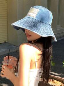 1顶新款印花牛仔布渔夫帽，女士款 - 复古水洗宽檐帽 - 修饰脸型 - 防晒 - 休闲 - 涤纶 - 彩色 - 查看 2