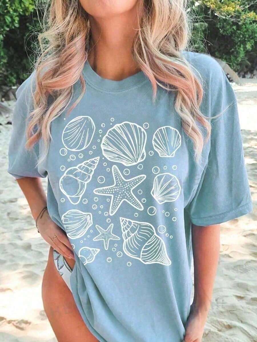 Women's T-Shirt With Shell Print - Baby Blue - View 1