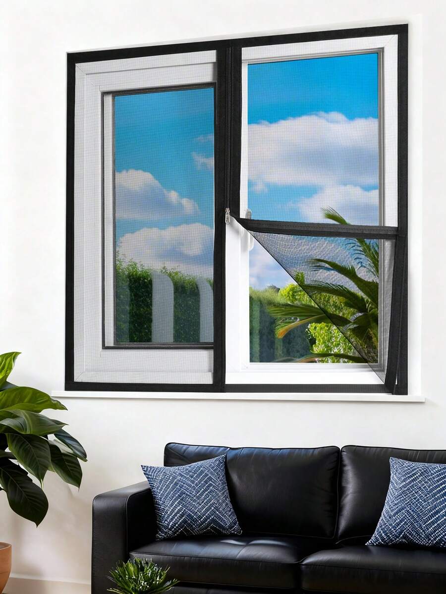 Black Window Screen With Zipper, DIY Insect Mesh Netting With Self-Adhesive Hook And Loop Tape, Adjustable Breathable Mosquito Screen For Windows