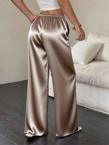1pc Solid Color Drawstring Pocket Satin Pants, Comfortable For Home Wear, All Season - Khaki - View 4