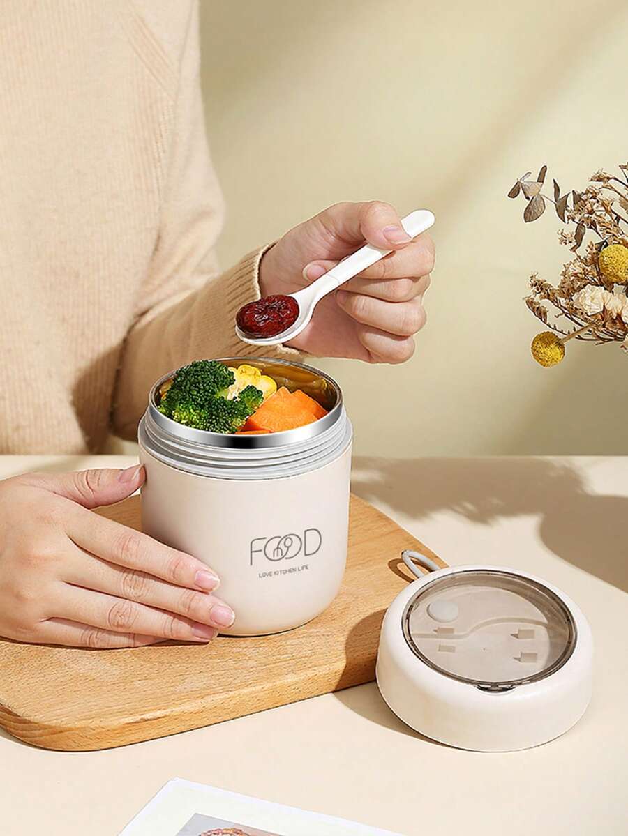 1pc Stainless Steel Vacuum Insulated Portable Lunch Box, Keeps Food & Soup Warm, Comes With Foldable Spoon - Beige - View 1