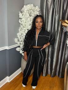 Black & White Contrast Stripe Two Pieces Tracksuit Set 1pc Cropped Zip Jacket Wide-Leg Pants Casual Stylish Elastic Waist For Daily Outings Streetwear All Seasons - Black - View 4
