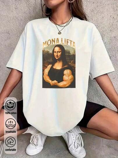 Oferta especial de Año Nuevo: Camisetas básicas para mujeres, nueva colección de primavera/verano, camiseta de manga corta cómoda y casual con ajuste holgado, suave y transpirable, 100% algodón puro, ideal para uso diario, estilo callejero creativo con el diseño muscular de la Mona Lisa de Van Gogh.