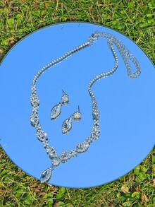 1 Set Of 3: Luxury Rhinestone Adjustable Necklace, Minimalist Rhinestone Pendant Earrings, Suitable For Wedding, Bridal Photo Shoot, Bridesmaid, Prom, Valentine's Day, Mother's Day, Daily Wear, Fashionable And Elegant Wedding Jewelry - Multicolor - View 5