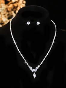 3pcs/Set Cubic Zirconia Necklace & Earrings Set, Elegant Lady Style Versatile High-End Jewelry Gift Suitable For Wedding, Party, Music Festival, Holiday - Silver - View 2