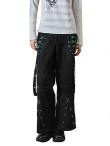 Jeans cargo de mujer, pantalones casuales sueltos con cierre de botón y cremallera a rayas, con bolsillos, estilo urbano - Negro y verde - Ver 8