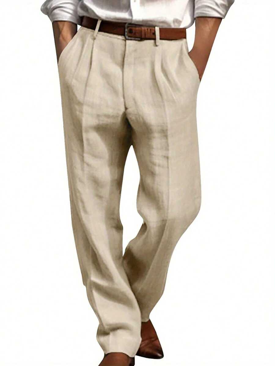 Men's Linen Pants Solid Color Pleated Mid Waist Straight Leg Casual Trousers With Pockets For Daily Office - 卡其 - 查看 1