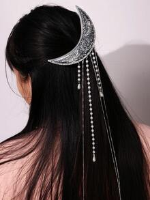 Embossed Flower Silver Metal Crescent Moon Long Pearl Tassel Chain Hair Clip, Elegant Chinese Style Crescent Pearl Tassel Hair Clip, Magazine Photography Hair Accessory - Multicolor - View 3