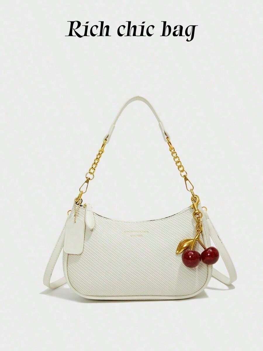 New Fashion Classic Versatile PU Waterproof Fabric M Letter Pattern Shoulder Bag, Printed Design Metal Chain Decoration Design French Baguette Bag, Women's Shoulder Bag Suitable For Shopping. Commuting, Travel Use. - 白色 - 查看 1