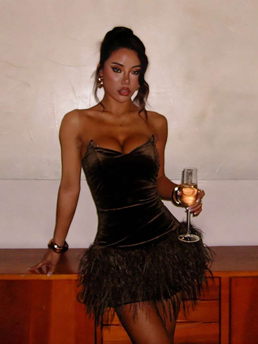 1件纯色优雅梭织面料拉链天鹅绒连衣裙，正式礼服，适合派对、婚礼、生日、毕业典礼、秋冬季、新年、情人节等场合。 - 棕色 - 查看 1