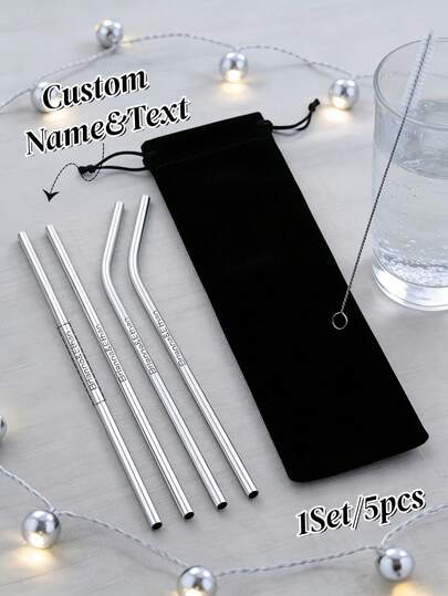 1Set/5Pcs Personalized Stainless Steel Straw Set - Customizable With Name And Text, Engraved Reusable Metal Drinking Straws With Case And Cleaner, Suitable For Home, Travel, Party Use, Drinkware, Ideal For Birthday, Wedding, Party Favors & More