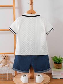 2 Stücke/Set Mädchen Lässig gestreifter Jacquard Strick Poloshirt T-Shirt und Denim-Shorts Set, geeignet für Sommer Outdoor, Alltag, Lässig & Urlaub - Weiss - Übersicht 2