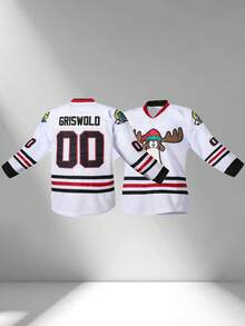 Men's Embroidered Ice Hockey Jersey, Christmas 00 White Casual V-Neck Long Sleeve T-Shirt, Party & Sports Wear