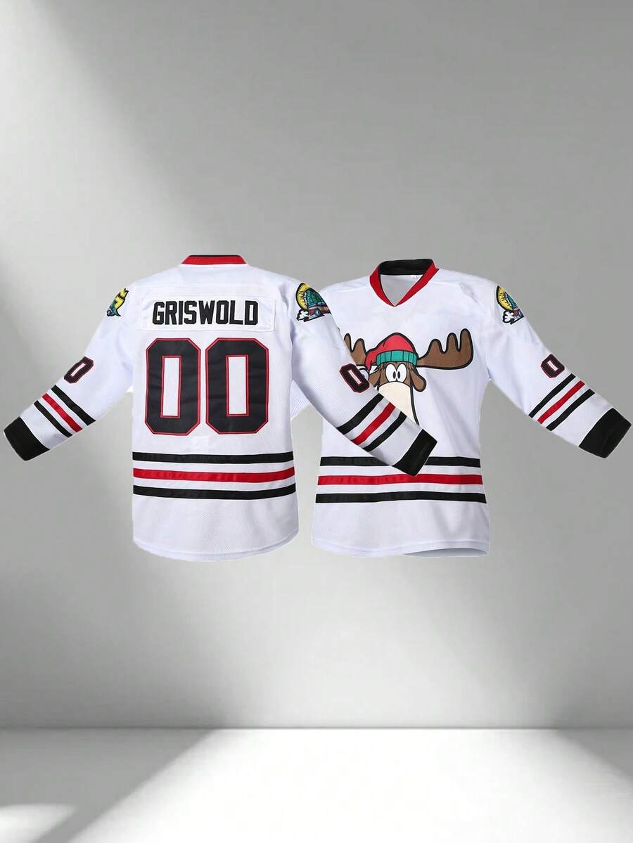 Men's Embroidered Ice Hockey Jersey, Christmas 00 White Casual V-Neck Long Sleeve T-Shirt, Party & Sports Wear