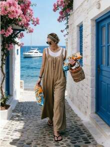 جمبسوت كاجوال للنساء بلون أحادي بدون أكمام، قصة فضفاضة، للربيع/الصيف - كاكي - مشاهدة 1